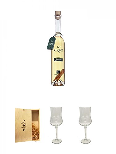 Marzadro LE ERBE Grappa Genziana - Enzian 0,5 Liter + 1a Whisky Holzbox für 2 Flaschen mit Schiebedeckel + Marzadro Grappa Gläser mit Eichstrich 2cl und 4cl 1 Stück + Marzadro Grappa Gläser mit Eichstrich 2cl und 4cl 1 Stück