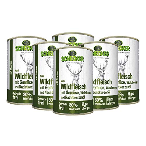 Schecker Hundemenü 6 x 410g Reines Wild Muskelfeisch mit Gemüse Waldbeeren und Nachtkerzenöl Getreidefrei Hypoallergen