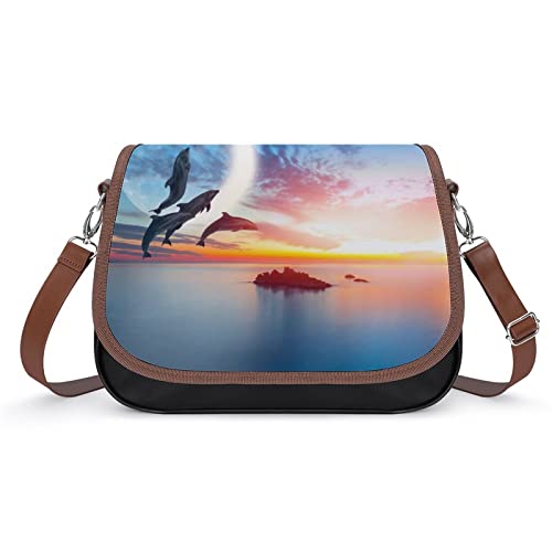 Wangsxing Umhängetasche Damen Delfin Sonnenuntergang Schultertasche Crossbody Tasche Leder Handytasche Geldbörsen Für Mädchen 31x22x11cm