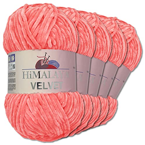 Wohnkult Himalaya 5 x 100 g Velvet Dolphin Wolle 40 Farben zur Auswahl Chenille Strickgarn Glanz Flauschgarn Accessoire Kleidung (90046 | Lachsrosa)