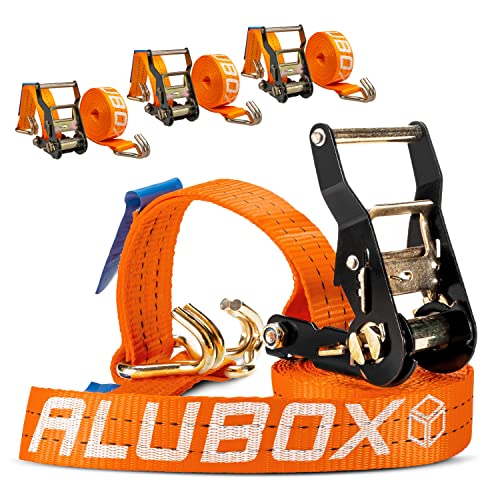 Alubox Spanngurt mit Ratsche und J-Haken 38mm breit orange Belastbarkeit 1000kg Ratschengurt TÜV G/S geprüft - Länge 9m - 4 Stück