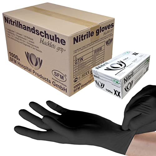 SFM ® BLACKLETS GRIP+ Nitril : XS, S, M, L, XL schwarz puderfrei F-tex Einweghandschuhe Einmalhandschuhe Untersuchungshandschuhe Nitrilhandschuhe M (1000)
