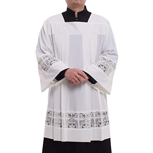BLESSUME katholisch Falten Spitze Chorhemd Liturgisch Cotta Gewand (Weiß, XL)