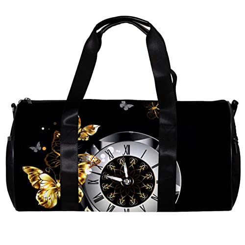 Runde Sporttasche mit abnehmbarem Schultergurt Flying Gold Schmetterlinge Training Handtasche Übernachtungstasche für Damen und Herren, mehrfarbig, 45x23x23cm/17.7x9x9in