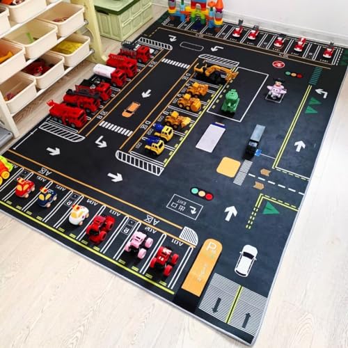 LSQXSS Spielteppich zum Thema Parkplatz,Kinderzimmerteppich,rutschfeste Spielmatte mit Verkehrsstraßen- und Fahrzeugmustern für das Spielzimmer im Schlafzimmer,leicht zu reinigen,interaktiver Teppich