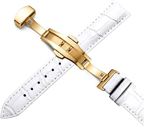 Herrenarmband, Lederarmband, Armband for Männer und Frauen, Leder 12/24 mm Universal-Uhrenarmband mit Schmetterlingsschnalle, Stahlschnallenarmband, 22 mm Uhrenarmband (Color : Gold White)