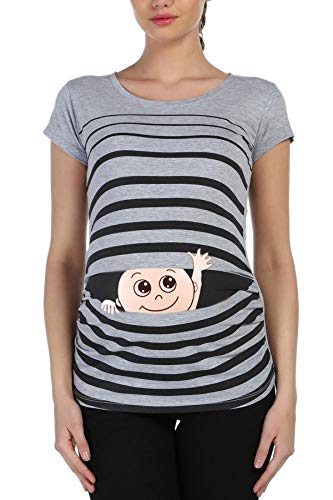 M.M.C. Winke Winke Baby - Lustige witzige süße Umstandsmode gestreiftes Umstandsshirt mit Motiv für die Schwangerschaft Schwangerschaftsshirt, Kurzarm (Grau, Large)