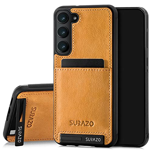 SURAZO Premium Echtleder Back case für Samsung Galaxy S23 Plus Hülle – Stoßfestes Leder Handyhülle Cover mit [Kartenfach, Standfunktion, Schlüsselanhänger] Vintage Slim Bumper Schutzhülle (Camel)
