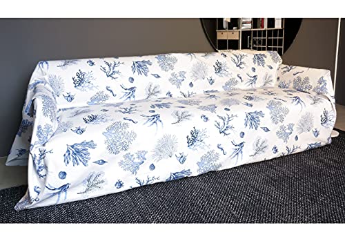 BIANCHERIAWEB Tagesdecke, Überwurf aus 100% Baumwolle, hergestellt in Italien, Sofaüberwurf oder Tagesdecke, Muster Koralle Blau