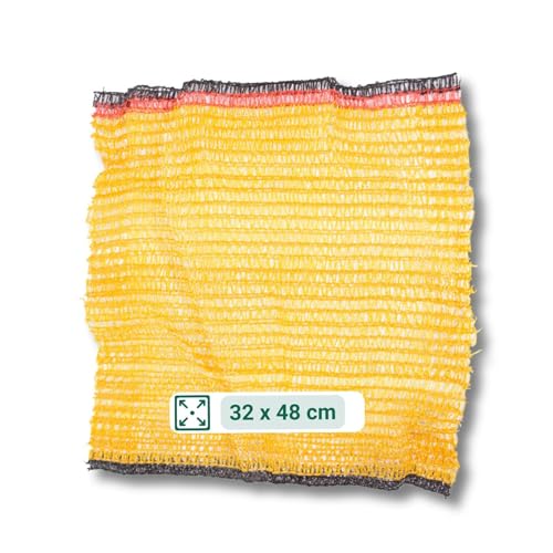 100 Stück Kartoffelsäcke/Raschelsäcke - Mit Zugband - Extrem reißfeste Obstsäcke/Gemüsesäcke aus Raschelgewebe - Goldgelb (5,0 kg - 32 cm x 48 cm)