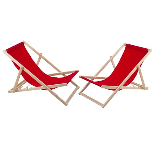 Woodok 2-er Liegestuhl Set aus Buchholz Strandstuhl Sonnenliege Gartenliege für Strand, Garten, Balkon und Terrasse Liege Klappbar bis 120kg (Rot)