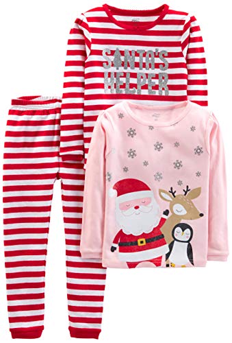 Simple Joys by Carter's Unisex Kinder 3-Piece Snug-Fit Cotton Christmas Pajama Pyjama-Set, Rosa Weihnachtsmann/Rot Streifen, 24 Monate (3er Pack)