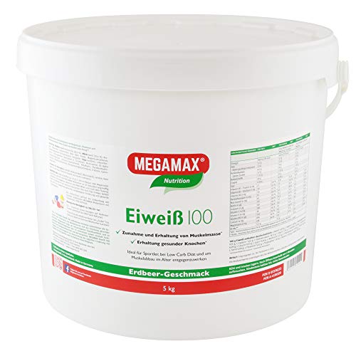 Megamax Eiweiss Erdbeere 5 kg | Molkenprotein + Milcheiweiß Für Muskelaufbau ,Diaet | 2k-Eiweiss ideal zum Backen | hochwertiges Low Carb Eiweiß-Shake | aspartamfrei Protein-pulver mit Aminosäuren