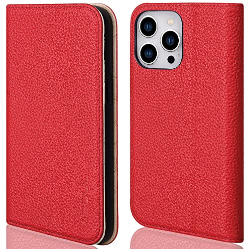 VISOUL iPhone 14 Pro Hülle, Handyhülle iPhone 14 Pro[100% Echtleder] [3 Kartenfächer] [Verdichtes TPU] [Magnet] [Stand], Stoßfeste Schutzhülle Lederhülle für iPhone 14 Pro Rot + Weiß L