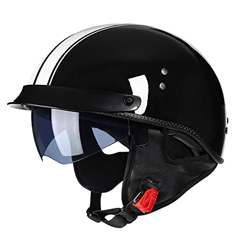 Retro Motorrad Helm Mit ECE Zulassungiber Brain-Cap Halbschale Jet-Helm Roller-Helm Scooter-Helm Retro Half Helm mit Built-in Visier für Damen Herren Erwachsene C,L=59-60CM
