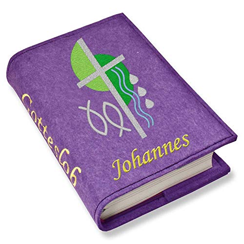 Gotteslob Gotteslobhülle Hülle Kreuz 2 grün Filz mit Namen bestickt Einband Umschlag personalisierte Gesangbuchhülle, Farbe:lila