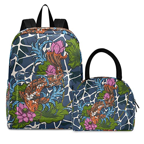 Fischlotus Abstrakte Malerei Büchertasche Lunchpaket Set Schulter Rucksacks Bookbag Kinderrucksack Isolierte Lunchbox-Tasche für Mädchen Jungs