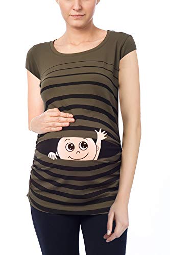 M.M.C. Winke Winke Baby - Lustige witzige süße Umstandsmode gestreiftes Umstandsshirt mit Motiv für die Schwangerschaft Schwangerschaftsshirt, Kurzarm (Khaki, Small)