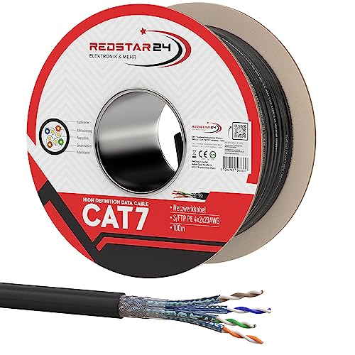 100m Cat7 Erdkabel Verlegekabel Outdoor Lan Kabel Installationskabel Schwarz AWG23/1 CAT 7 S/FTP Ethernet Netzwerk 1000MHz geschirmtes Datenkabel Netzwerkkabel für Außenbereich UV-beständig
