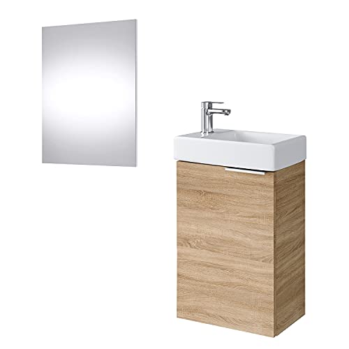 Planetmöbel Waschtischunterschrank mit Spiegel, Badmöbel Set 40cm für Badezimmer Gäste WC Sonoma Eiche