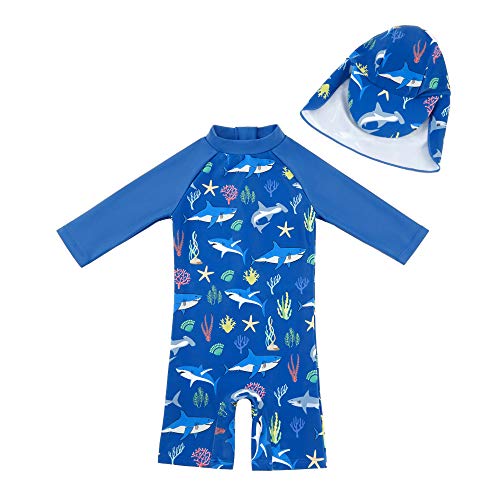 upandfast Netter einteiliger Badeanzug mit Sonnenhut für Babys und Kleinkinder(Blauhai,24-36 Monate)