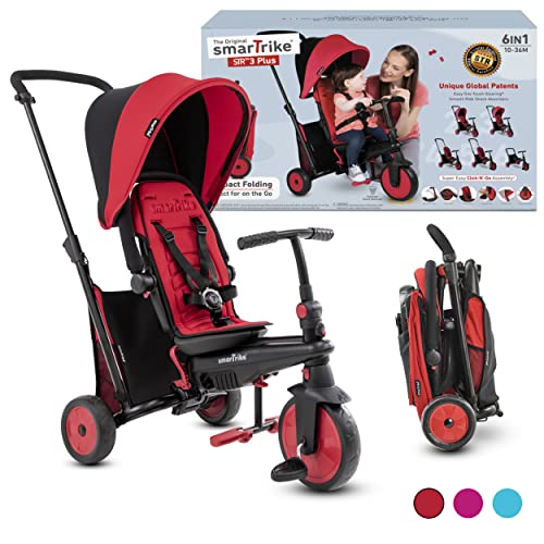smarTrike STR3 Klappbares Kleinkinder-Dreirad mit Kinderwagen-Zertifizierung für 1,2,3 Jahre - 6 in 1 Mehrstufiges Dreirad , Rot