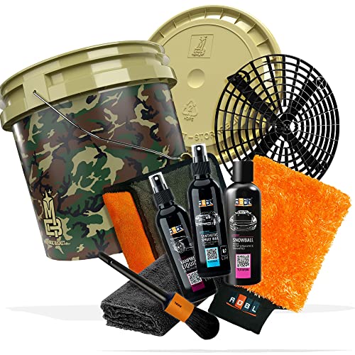 10 teiliges Autowasch Bundle – ADBL Synthetic Spray Wax, Snowball Auto Shampoo, Vampire Liquid, Waschhandschuh, Tuch, Pinsel, Magic Bucket 3,5GAL & Deckel camouflage grün, Grit Guard, detailmate Tuch