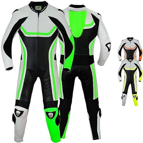 German Wear Fluoreszierender Einteiler Motorradkombi Motorrad Lederkombi aus Rindsleder echtleder Kombi, Größe:58/3XL, Farbe:Grün