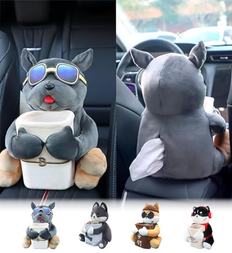 Plush Dog Car Tissue Box, Cute Creative Animal Tissue Box Holder, 2 in 1 Car Tissue Box and Trash Can, Funny Novelty Seat Tissue Paper Cover Organizer for Home, Office, Car (B)