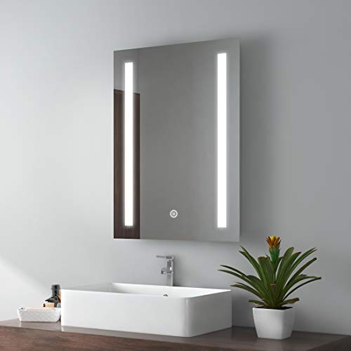 EMKE LED Badspiegel 50x70cm Badspiegel mit Beleuchtung kaltweiß Lichtspiegel Badezimmerspiegel Wandspiegel mit Touchschalter + beschlagfrei IP44 energiesparend