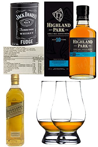 Whisky/Fudge Set 1 x 300g Jack Daniels Malt Whisky Fudge in Blechdose, 1 x Highland Park 10 Jahre Single Malt Whisky Islands 0,35 Liter, 1 x Johnnie Walker Gold Label Reserve 0,2 Liter + 2 Glencairn Gläser
