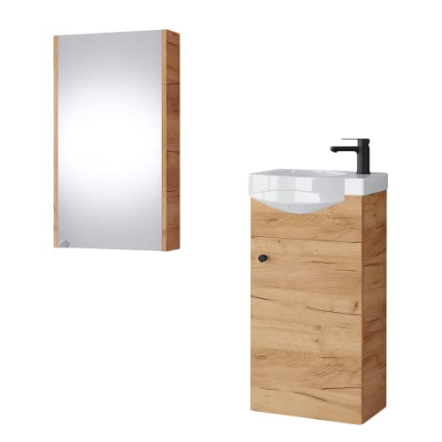 Planetmöbel Waschtisch und Spiegelschrank 40cm Gold Eiche, Waschtischunterschrank hängend mit Waschbecken, Badmöbel Set für Badezimmer