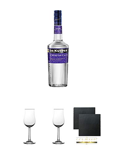 De Kuyper Creme de Cacao weiß Likör 0,7 Liter + 2 Bugatti Nosing Gläser mit Eichstrich 2cl und 4 cl + 2 Schiefer Glasuntersetzer eckig ca. 9,5 cm Ø