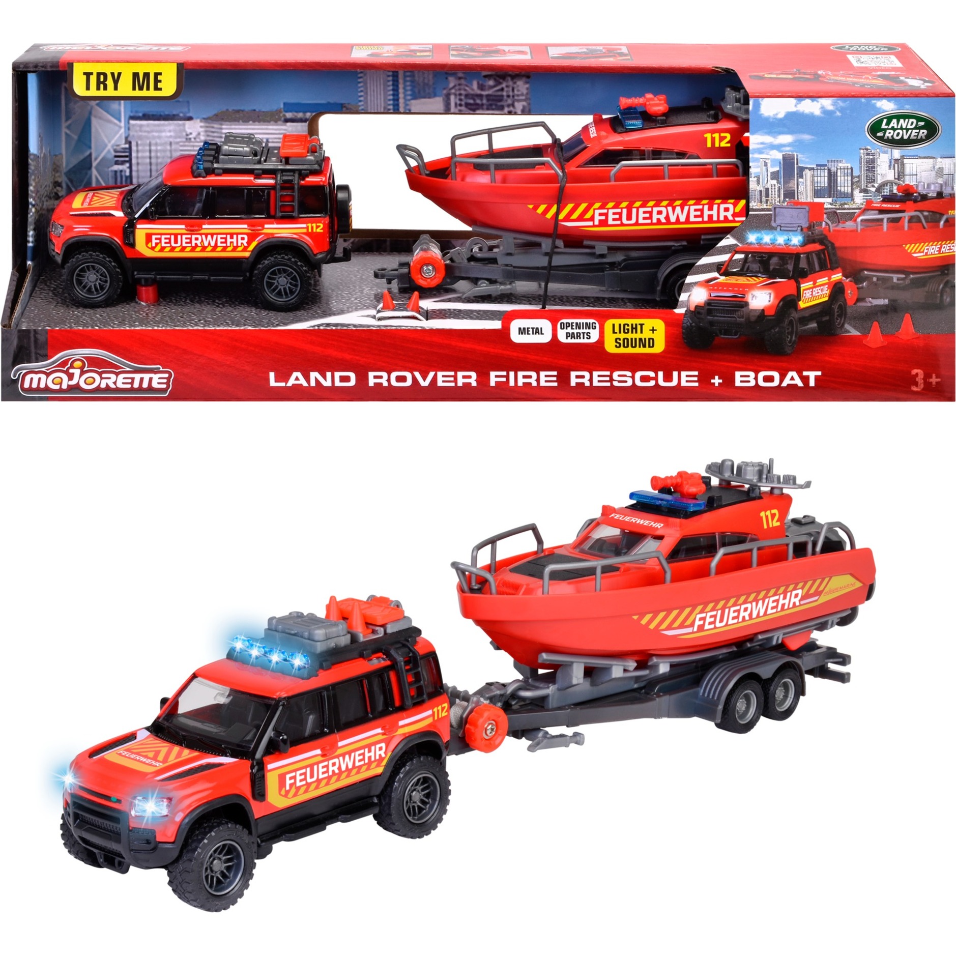 Majorette - Feuerwehrauto mit Boot (33,5 cm) - Land Rover Spielzeugauto aus Metall mit Anhänger und schwimmfähigem Speedboot zum Aufziehen, mit Licht & Sound, Spielzeug für Kinder ab 3 Jahre