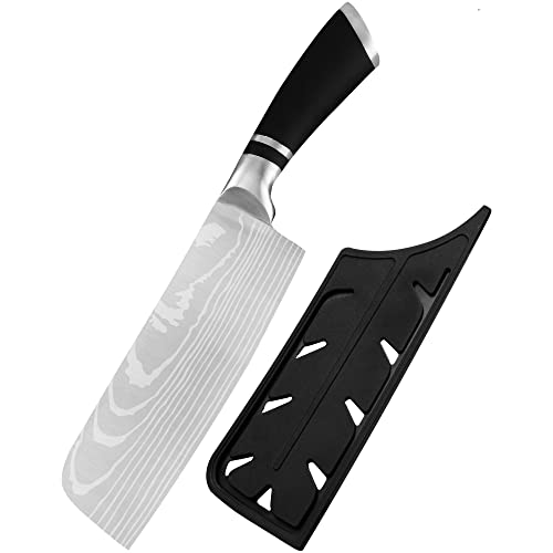 XYJ 6,5-Zoll-Scheibe Nakiri Messer Edelstahl Gemüse Fleischerbeil mit Klingenschutz Geätztes Muster Küchenchefmesser