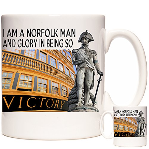 Horatio Nelson Geschenktasse, „I Am A Norfolk Man and Glory in Being So“, HMS Victory und Nelson-Statue auf einer Keramik-Geschenktasse Spülmaschinen- und mikrowellengeeignet.