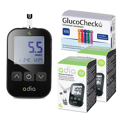 Blutzucker-Diabetes Spar-Set: adia Blutzuckermessgerät (mmol) + 110 Blutzuckerteststreifen + 110 Lanzetten zur Selbstkontrolle bei Diabetes