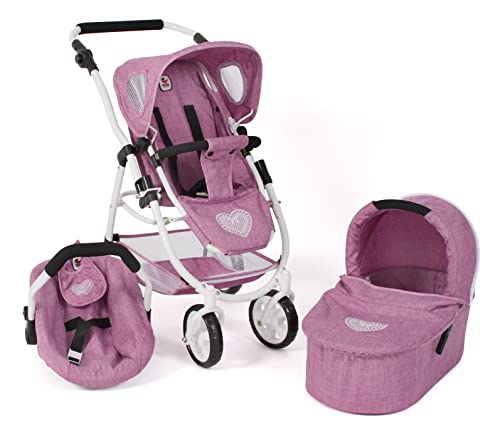 Bayer Chic 2000 - Puppenwagen Emotion All In, 3in1 Puppenwagen-Set bestehend aus Babywanne, Sportsitz und Autositz, Jeans pink