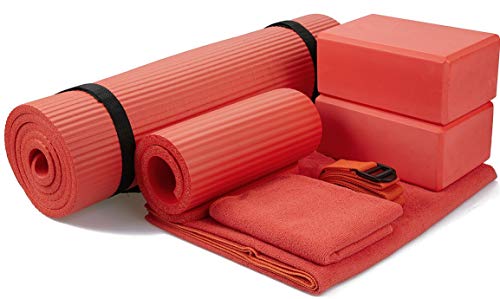 BalanceFrom GoYoga 7-teiliges Set – inklusive Yogamatte mit Tragegurt, 2 Yoga-Blöcken, Yogamatten-Handtuch, Yoga-Gurt und Yoga-Kniepolster (rot, 1,27 cm dicke Matte)