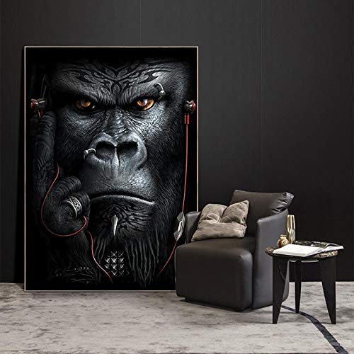 Tier Leinwand Poster und Druck Gorilla Affe Wandkunst Home Office Decor Bild Schwarz-Weiß-Malerei für Wohnzimmer 60x80cm (23,6x31,5in) Rahmenlos