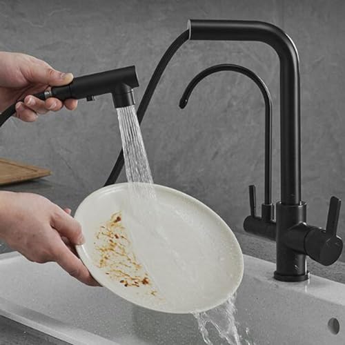 3 Wege Wasserhahn Küche Ausziehbar 360°Drehbar Messing Wasser Kalt und Heiß Multifunktion Mischbatterie Küche, GeRRiT, Schwarz