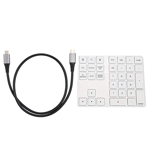 Drahtlose Zifferntastatur, 34-Tasten-Bluetooth-Zehnertastatur mit Typ C 2 * USB 3.0-Hub für Laptop/Pad/Smartphone, ProtableWasserdichter Nummernblock aus Aluminiumlegierung, kompatibel(Silber)