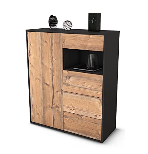 Stil.Zeit Highboard Lavinia - Korpus Anthrazit matt - Front Holz-Design Pinie (92x108x35cm) - Push-to-Open Technik & hochwertigen Leichtlaufschienen - Made in Germany