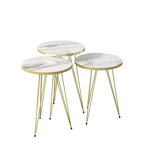 moebel17 5385 EYGD08 - Beistelltisch 3 er Set rund - Kaffeetisch Satztisch mit Metallgestell, Wohnzimmertisch Tisch, Braun Marmor, vergoldet, Breite 38 cm x Höhe (H) 45,5 cm (H) 49,5 cm (H) 53,5 cm