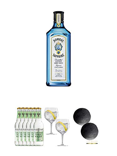 Bombay Sapphire Gin 0,7 Liter + Fever Tree Elderflower Tonic Water 6 x 0,2 Liter + Spiegelau Gin & Tonic 4390179 2 Gläser + Schiefer Glasuntersetzer RUND ca. 2 x 9,5 cm Durchmesser