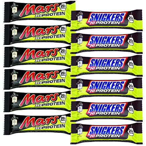 Mars und Snickers Hi Protein Bar Mix - Pack | 6 x 55g Snickers + 6 x 59g Mars Riegel | Box in Folie eingeschweißt