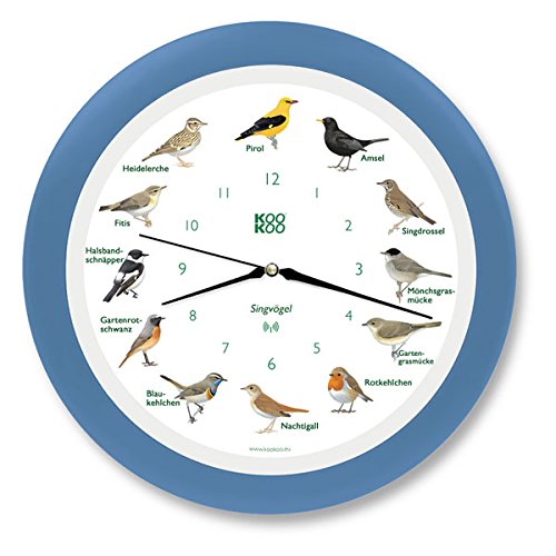 KOOKOO Singvögel Himmel-Blau, Die Singende Vogeluhr, mit 12 heimischen Singvögeln und echten, natürlichen Vogelstimmen, mit RC Funkquarzwerk