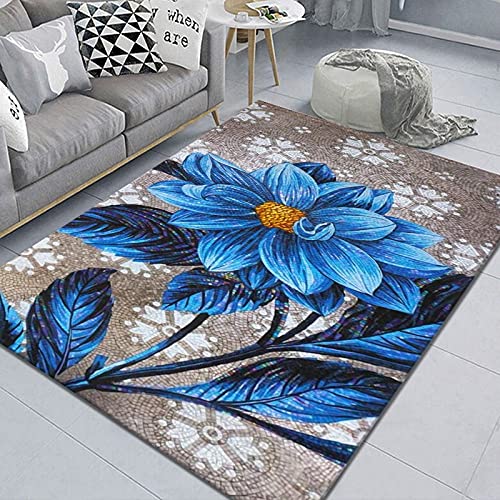 Gambo Teppich Blaue Blumen Teppich Moderne Abstrakte Polyester,Für Wohnzimmer Schlafzimmer Esszimmer rutschfeste Weiche Teppich,Faltbar Küchenteppich,Pflegeleicht,80X120Cm