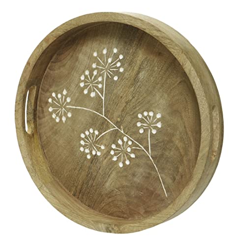 ETC dekoratives rundes Tablett mit Griff aus Mangoholz mit floralem Muster im rustikalem Landhaus-Stil (mittel ca. 30 cm rund)