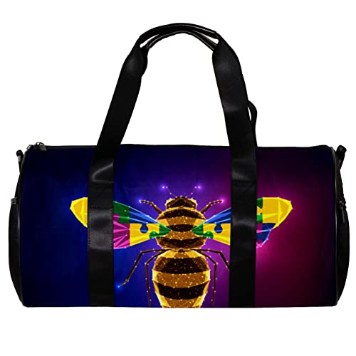 Runde Sporttasche mit abnehmbarem Schultergurt, leuchtende Honigbiene mit buntem Puzzle-Trainingshandtasche, Übernachtungstasche für Damen und Herren, mehrfarbig, 45x23x23cm/17.7x9x9in